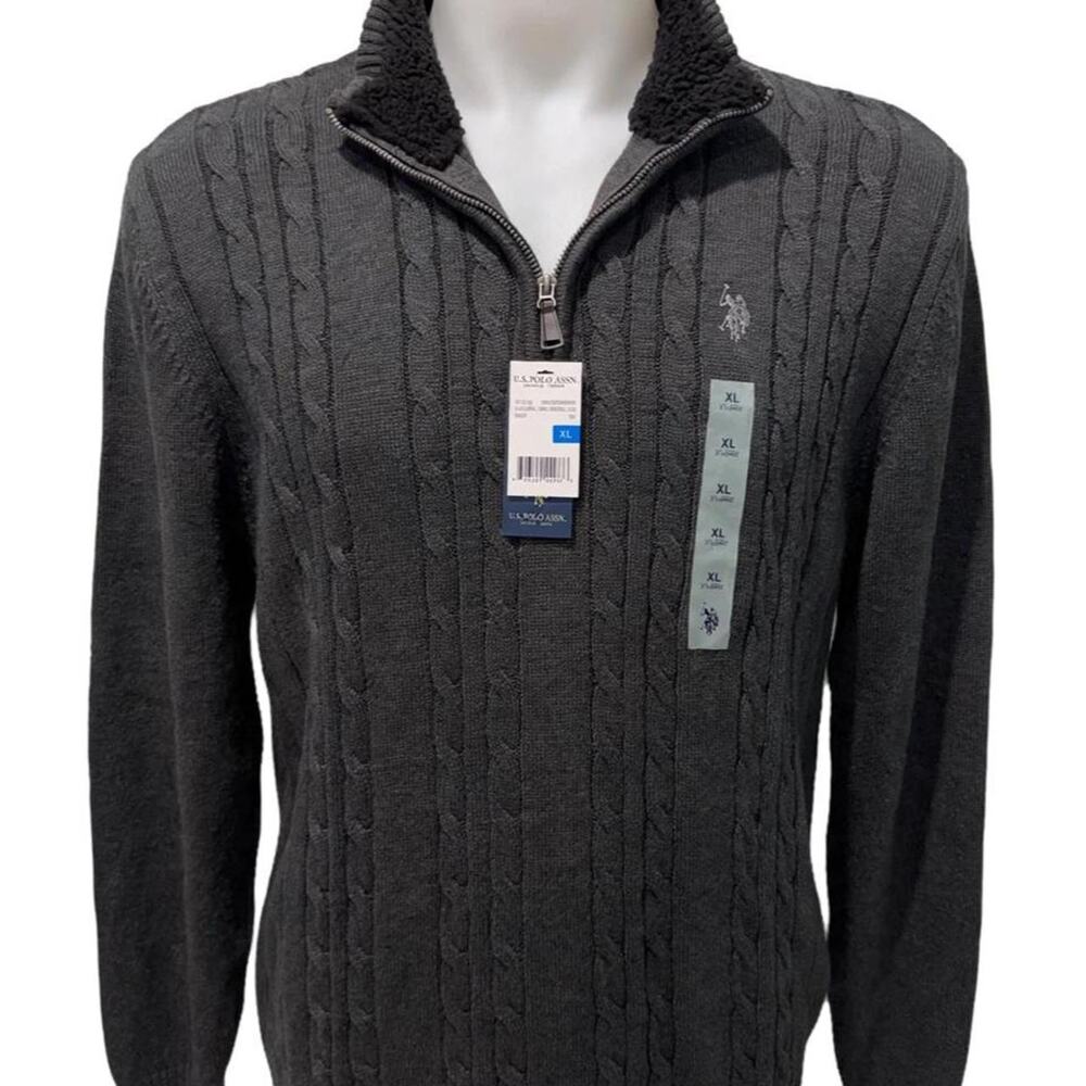 U.S. Polo Assn NWT Cable Knit Sweater Mens XL Sherpa Collar 1/4 Zip  Charcoal